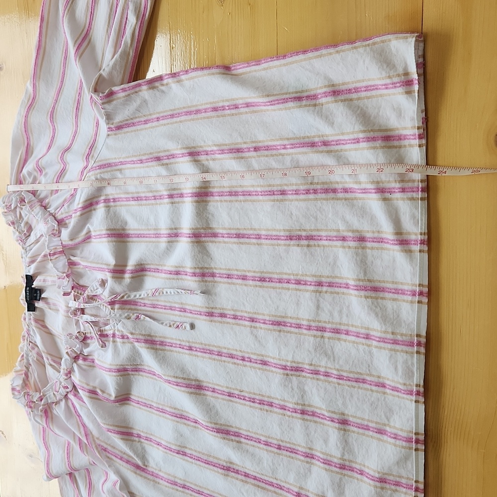 J. Crew Ruffle Neck Tie-Front Striped Blouse Cotton Popover Pink Tan Small - Picture 11 of 13